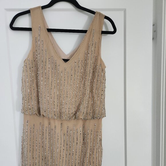 XSCAPE Dress Gold/Beige with vertical beads Size 4 - Picture 1 of 6